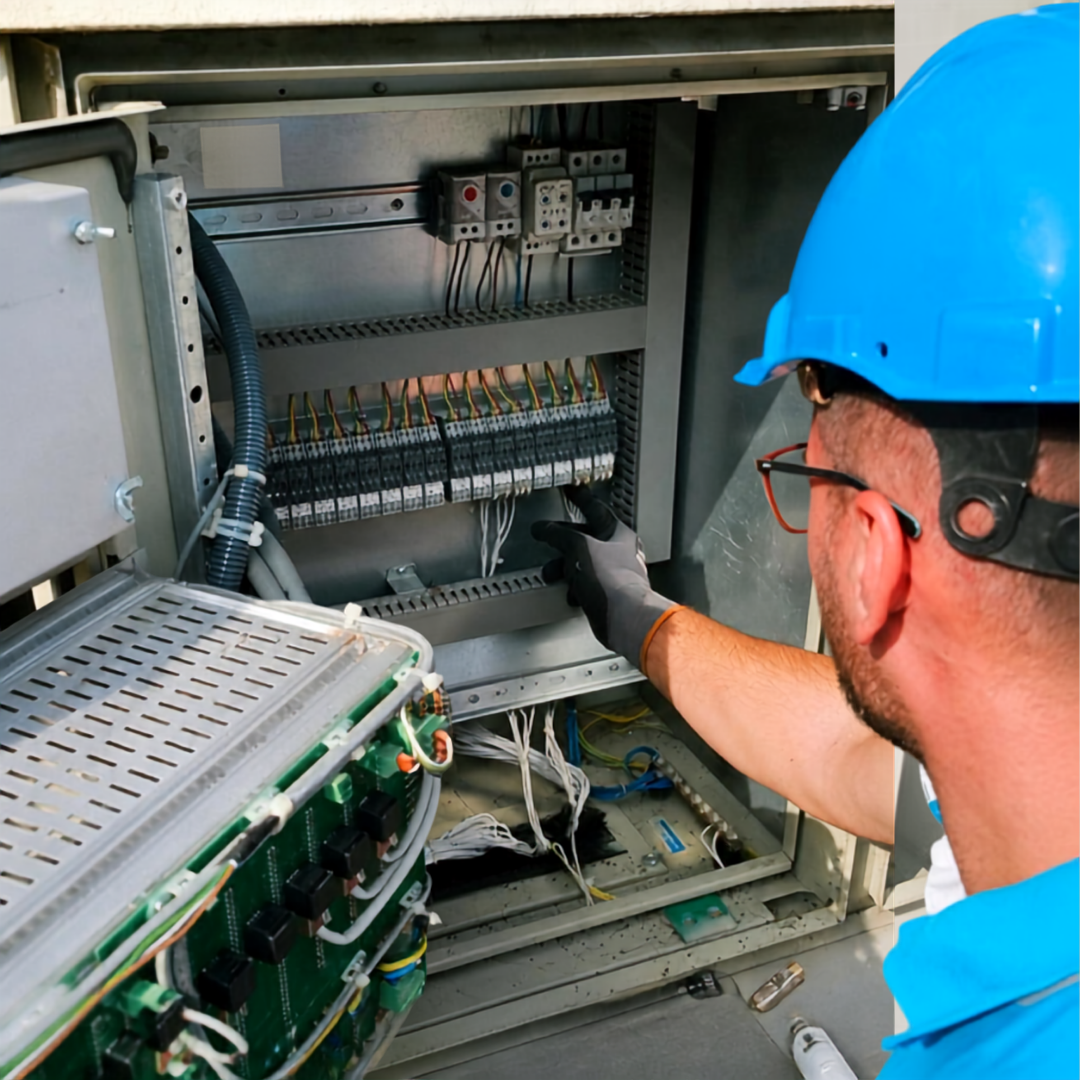 hombre trabajando casco azul